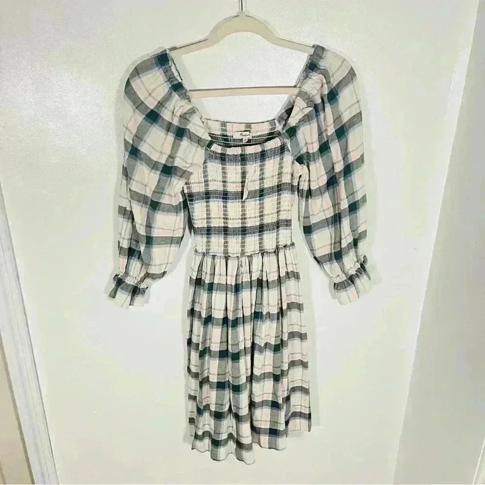 NWT Madewell Lucie Elbow-Sleeve Smocked Mini Dress Plaid